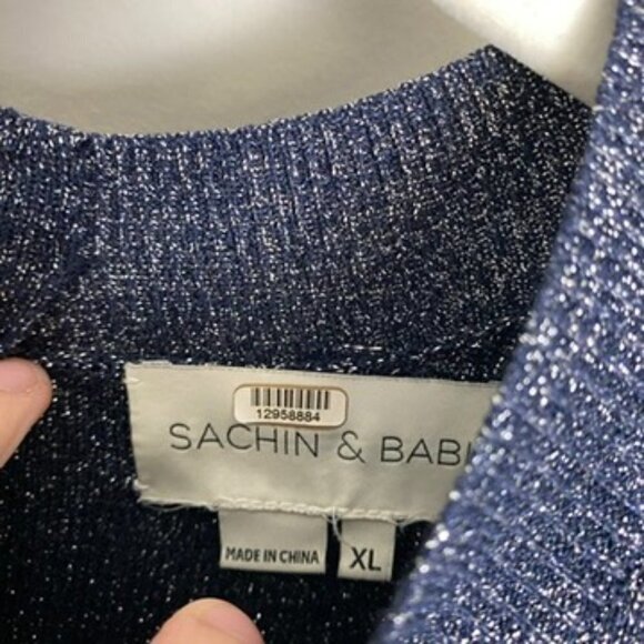 Sachin & Babi Amelie Metallic Sheath Dress Long Sleeves Puff Shoulders Blue - Picture 5 of 9